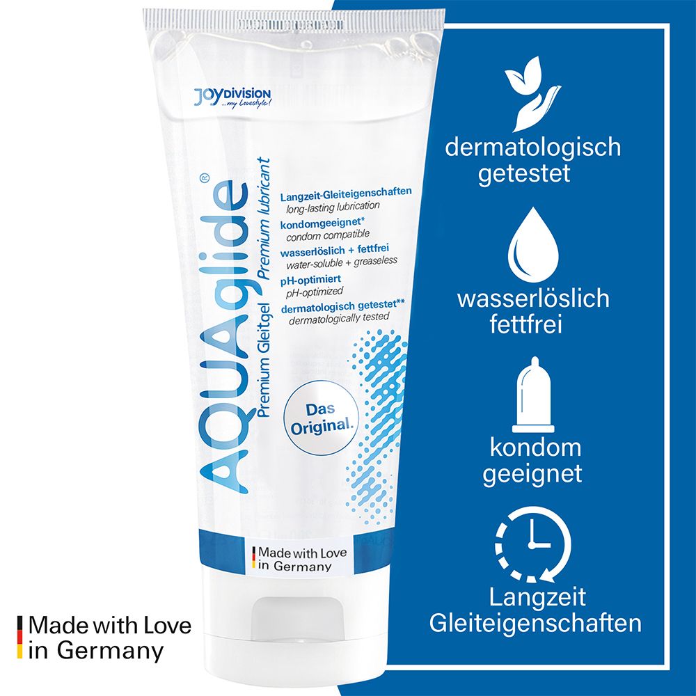 Tube de gel lubrifiant AQUAGLIDE Premium avec icônes : testé dermatologiquement, soluble dans l'eau, compatible préservatifs.