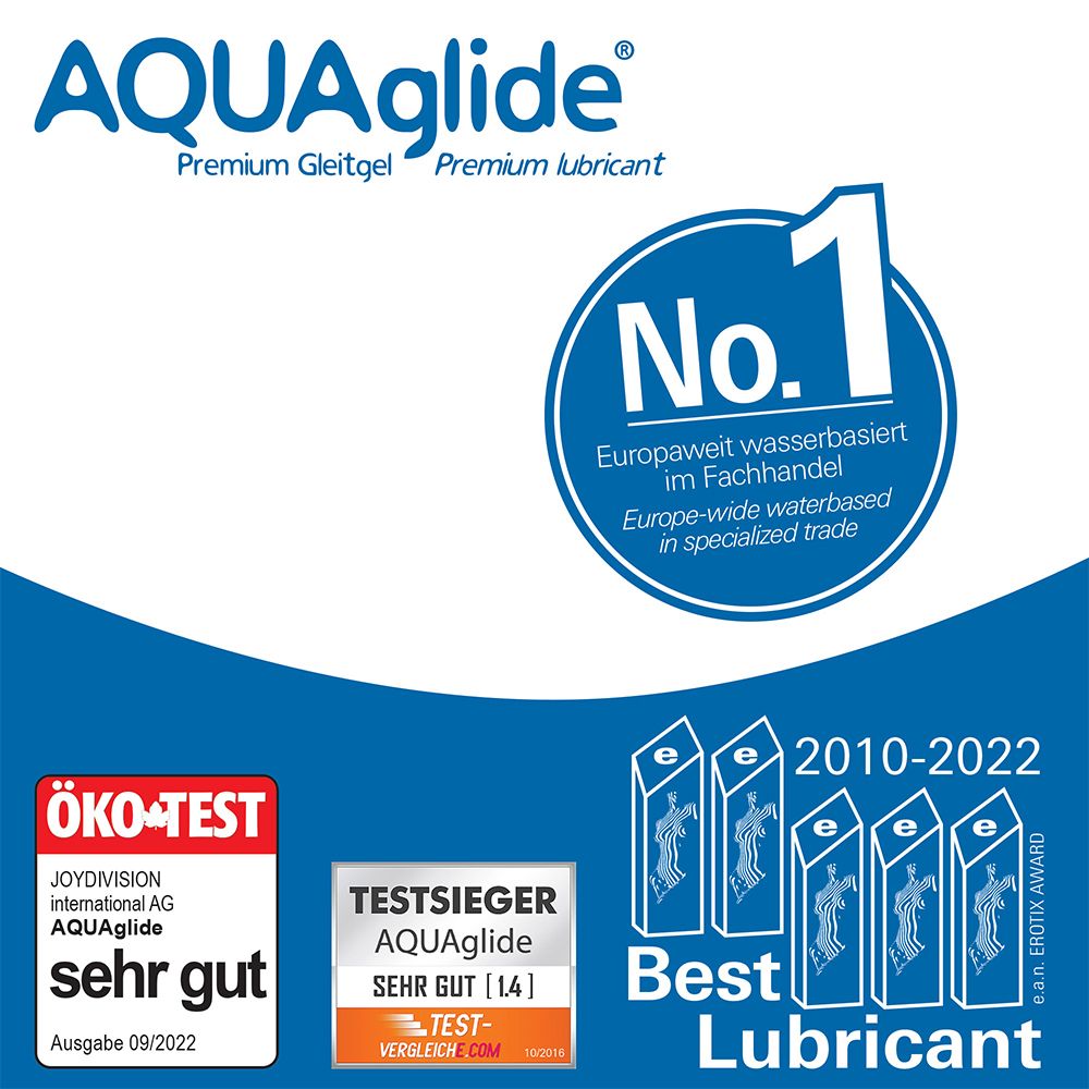 Récompenses AQUAGLIDE : ÖKO-TEST très bien, Vainqueur du test, Meilleur lubrifiant 2010-2022.