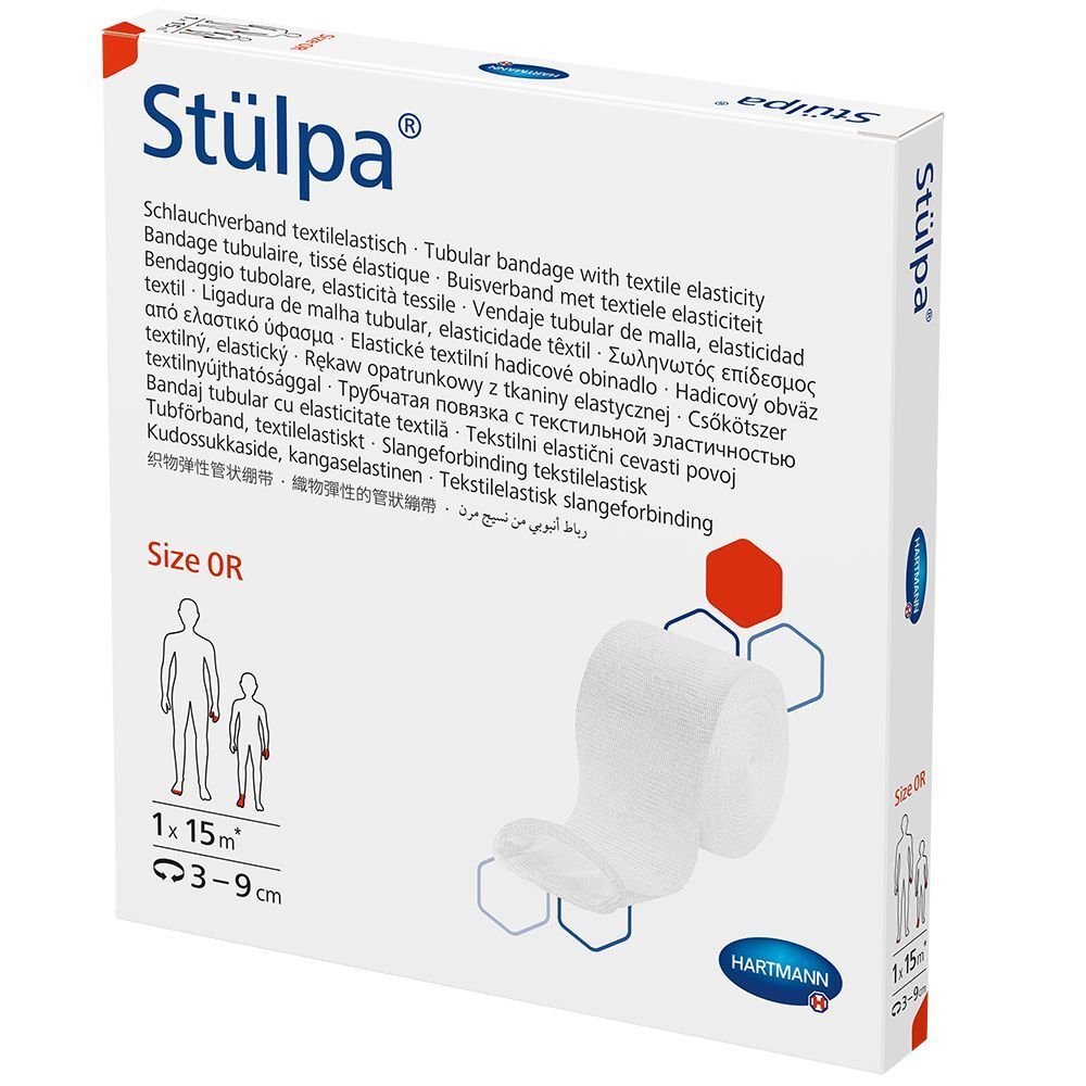 Hartmann Stülpa®, bandage tubulaire. Taille 0R, 1 x 15 m, 3-9 cm. Boîte avec nom et logo du produit, et indications.