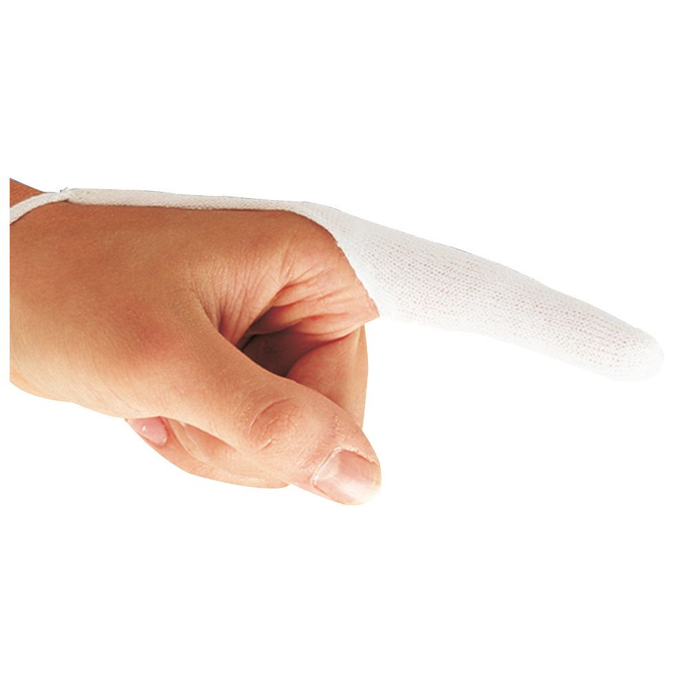 Bande tubulaire sur un doigt, blanche, en textile élastique.