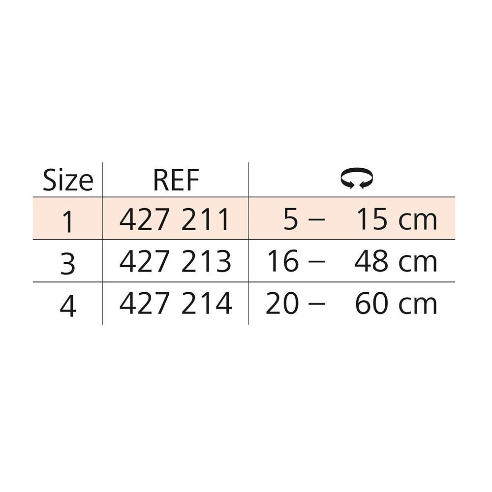 Tableau des tailles pour bandes tubulaires: Taille 1 (5-15cm), 3 (16-48cm), 4 (20-60cm).