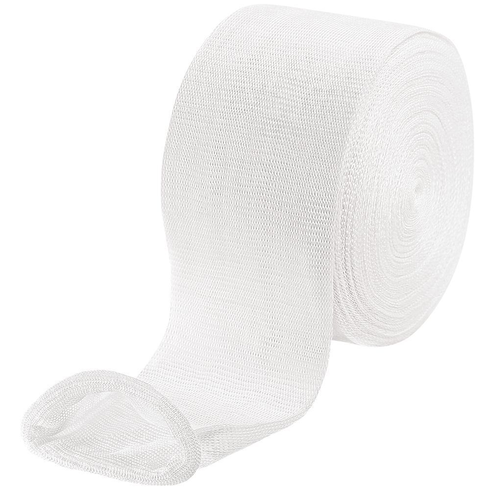 Pansement tubulaire blanc élastique enroulé, structure textile.
