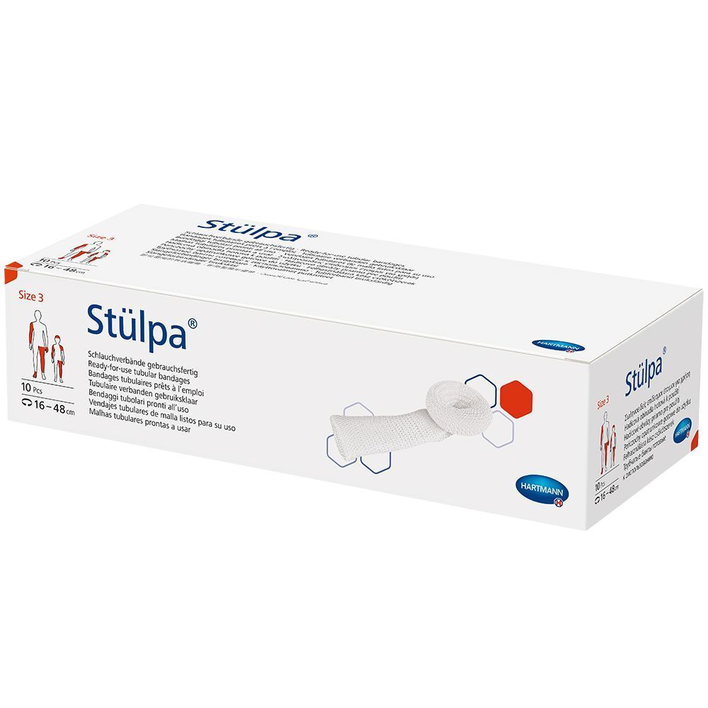 Boîte de pansements tubulaires Stülpa. Carton blanc avec nom et taille du produit. Logo Hartmann.