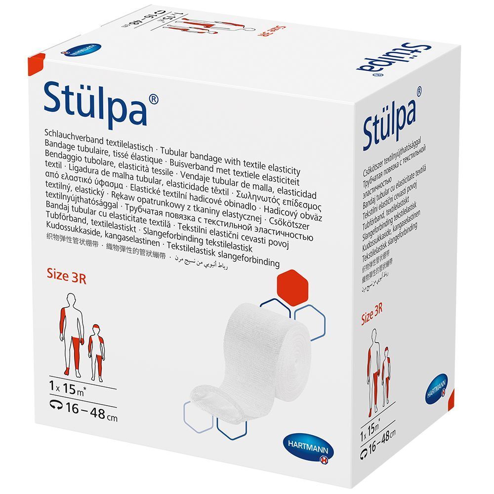 Hartmann Stülpa®, bandage tubulaire, taille 3R, en boîte. Texte multilingue sur l'emballage.