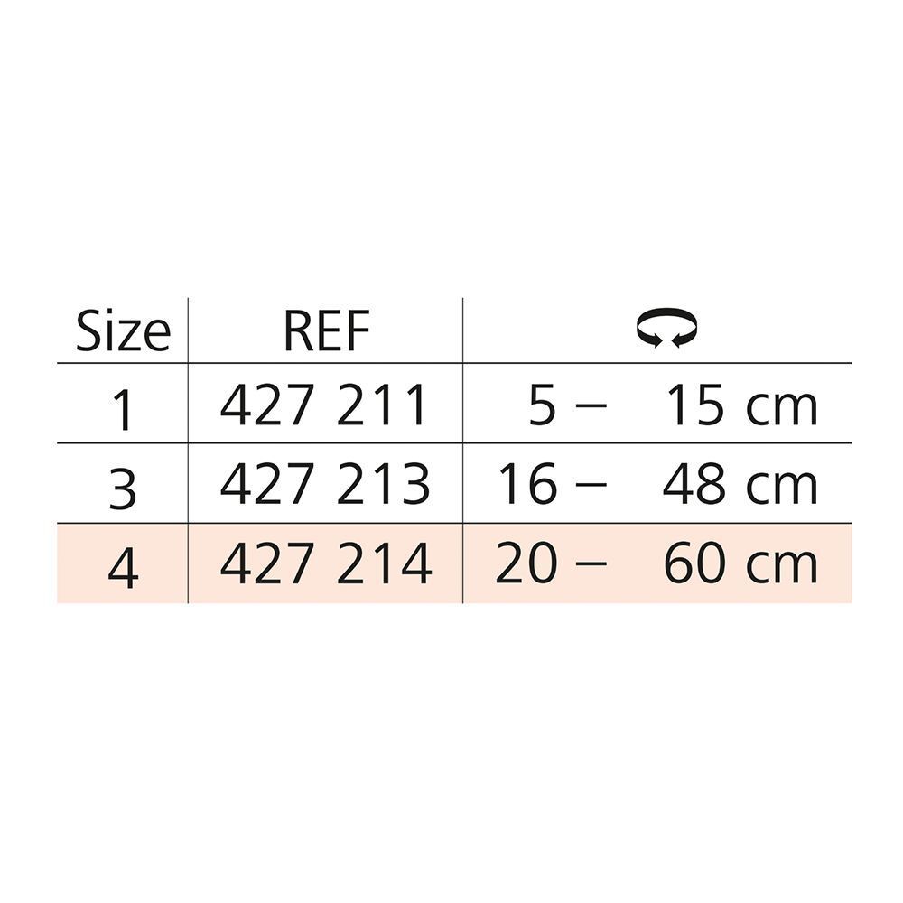 Tableau des tailles pour le bandage tubulaire Stülpa®. Tailles : 1 (5-15 cm), 3 (16-48 cm), 4 (20-60 cm).