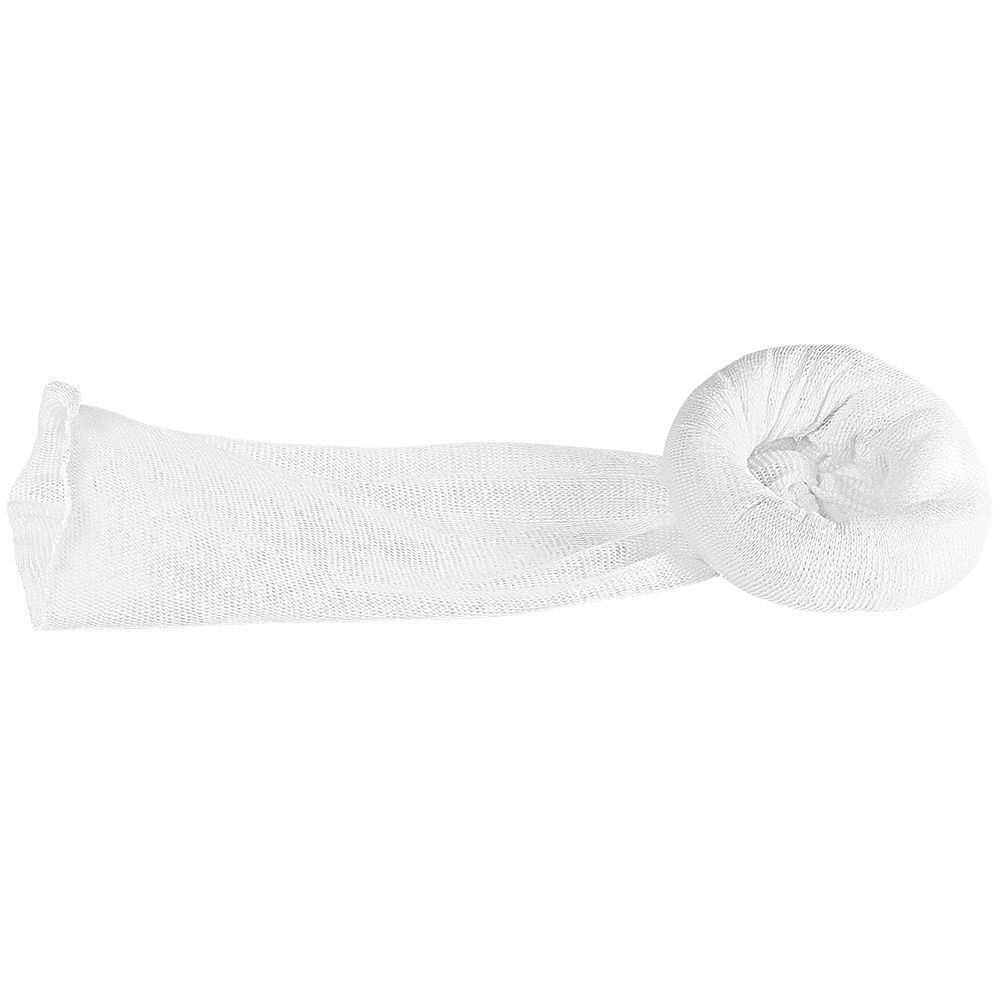 Bandage tubulaire blanc roulé. Extrémités ouvertes. Matériau tissé.