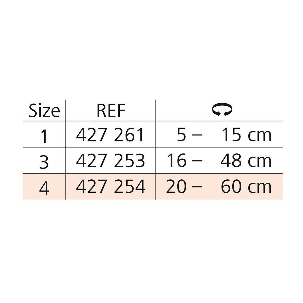 Tableau des tailles pour bandage tubulaire Stülpa®. Tailles 1, 3 et 4. Diamètre en cm.