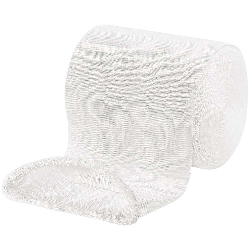 Bande tubulaire blanche enroulée. Extrémités ouvertes. Matière textile. Pour usage médical.