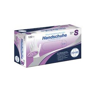 Boîte de gants PARAM en vinyle, taille S, sans poudre. 100 pièces. Design violet et blanc. Logo PARAM.