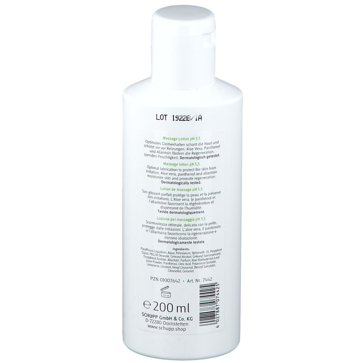 Dos du flacon blanc. Texte en allemand, anglais et français. Inscription : Massage Lotion pH 5,5. 200 ml.