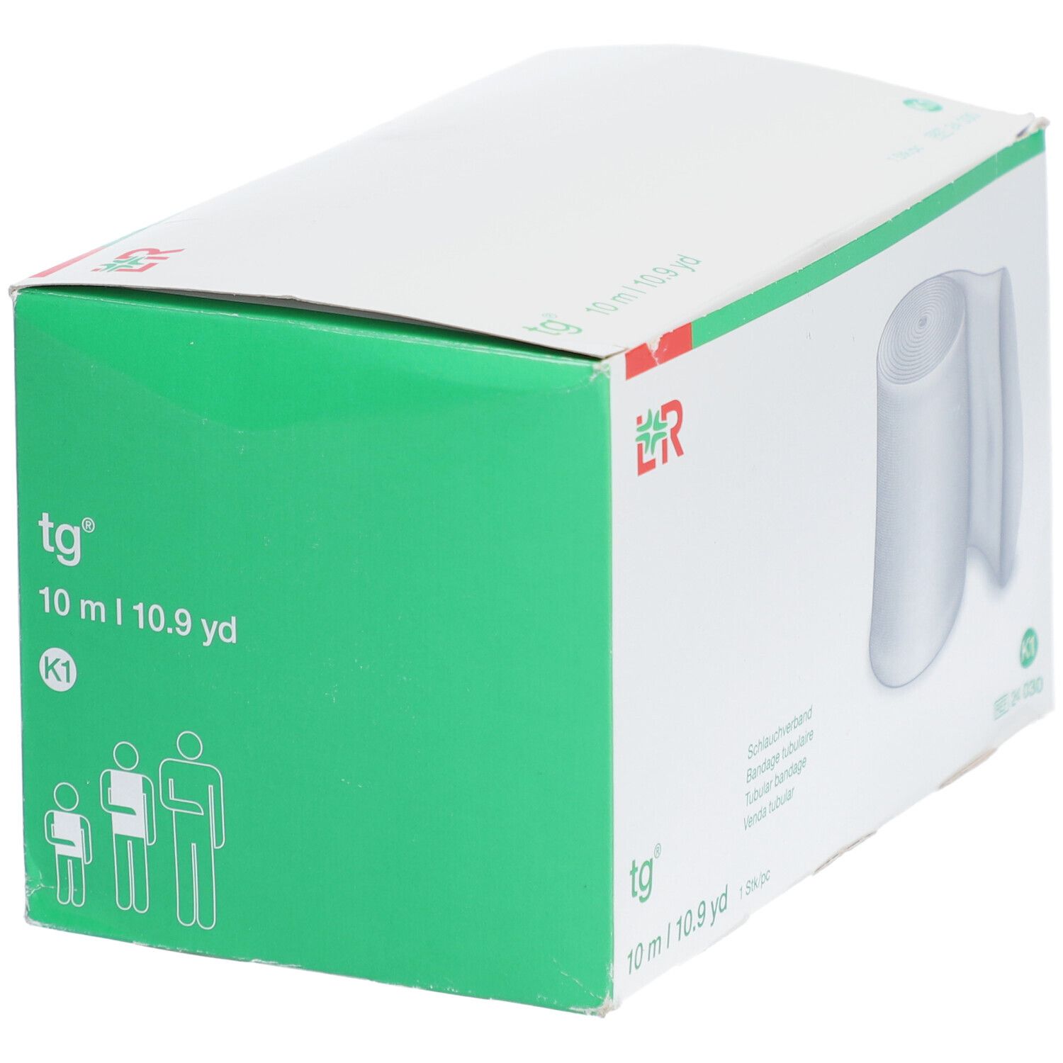Emballage de tg® bandage tubulaire. Boîte verte et blanche. Inscriptions : tg®, 10 m | 10.9 yd, K1. Pictogrammes.