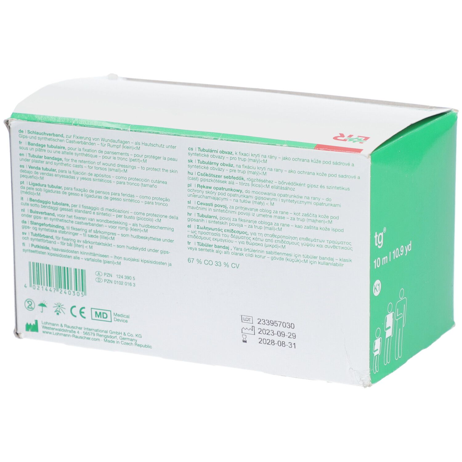 Dos de l'emballage de tg® bandage tubulaire. Texte multilingue. Marquage CE, symbole MD.
