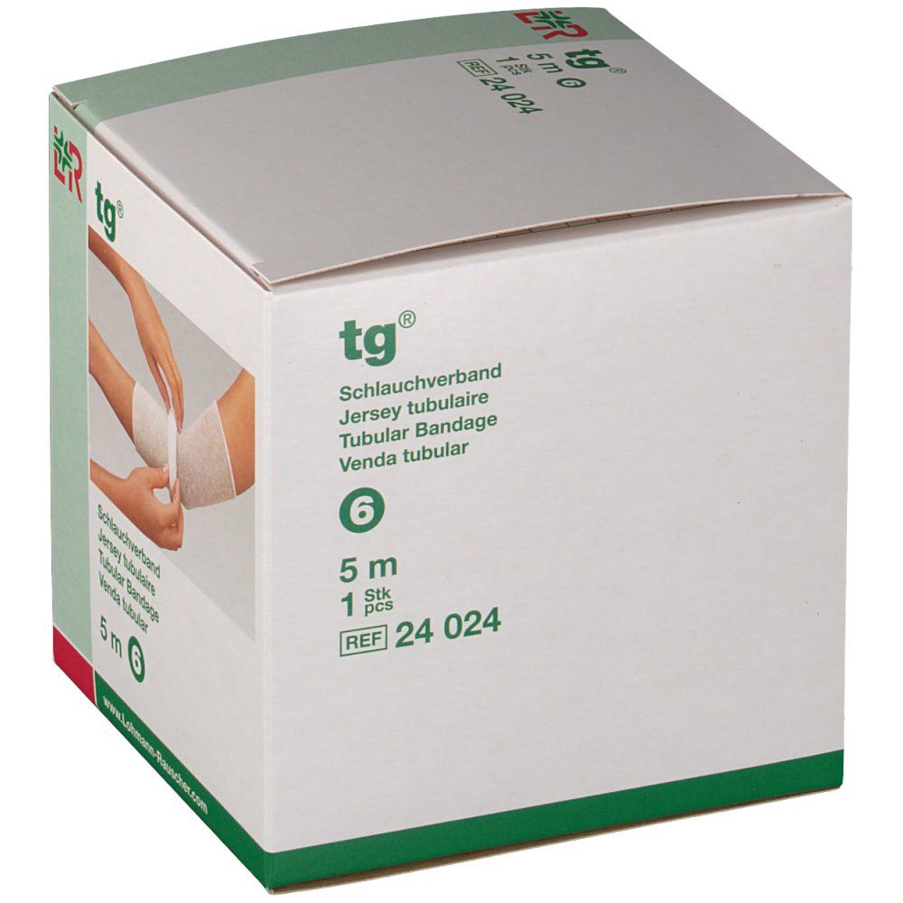 Emballage de tg® bandage tubulaire. Boîte blanche, accents verts. Texte.
