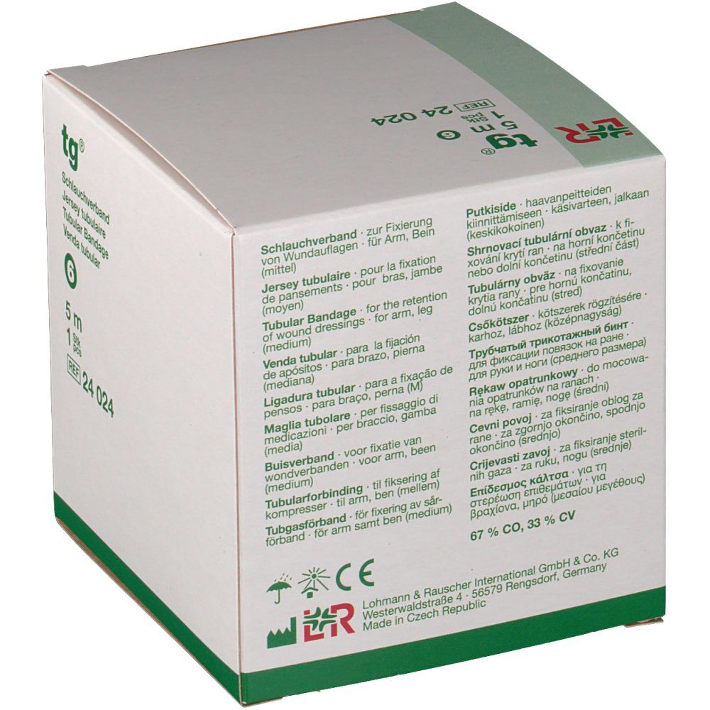 Emballage de tg® bandage tubulaire. Texte multilingue. Certifications.