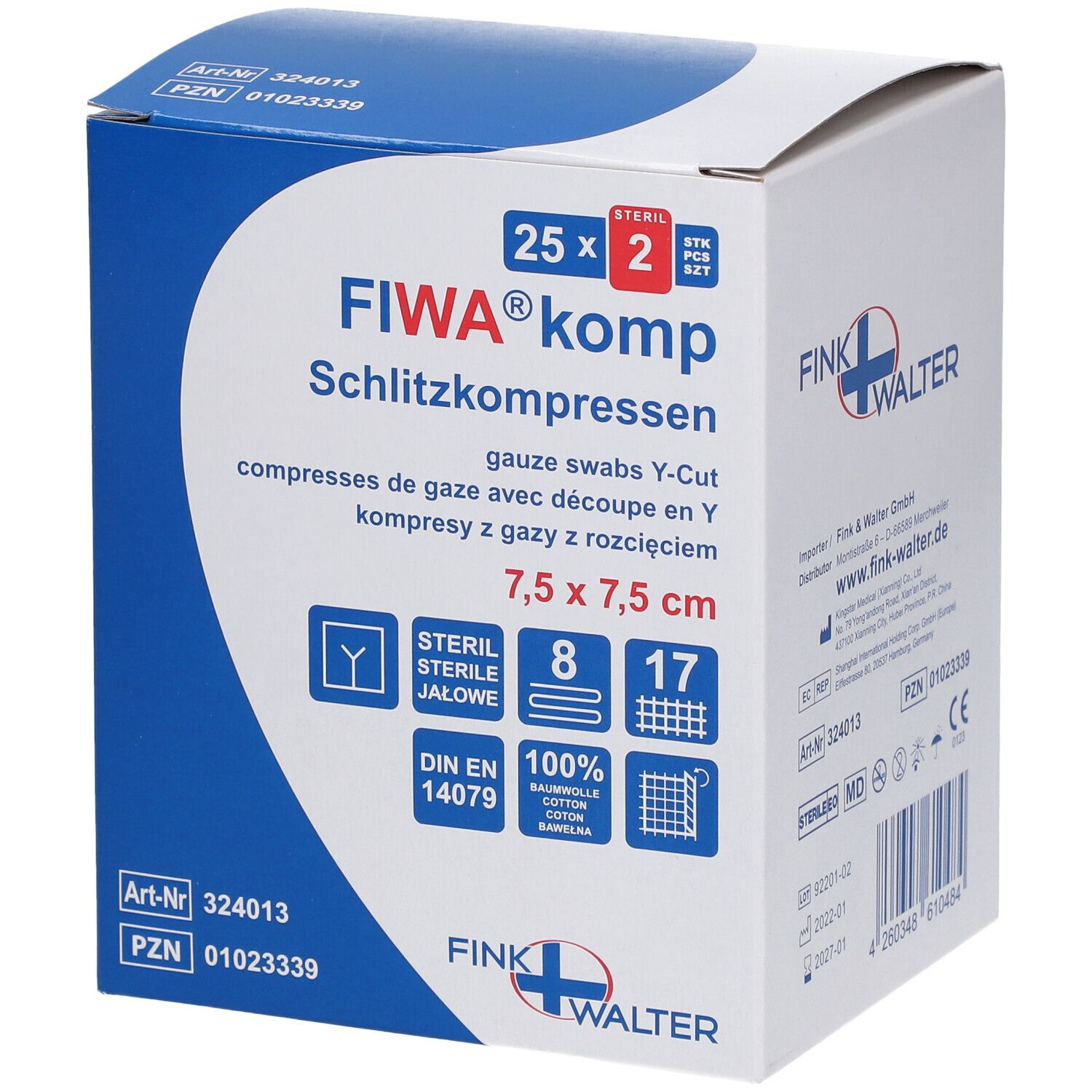 Compresses FIWA komp, 7,5 x 7,5 cm, tampons de gaze stériles. Emballage avec informations et logo.