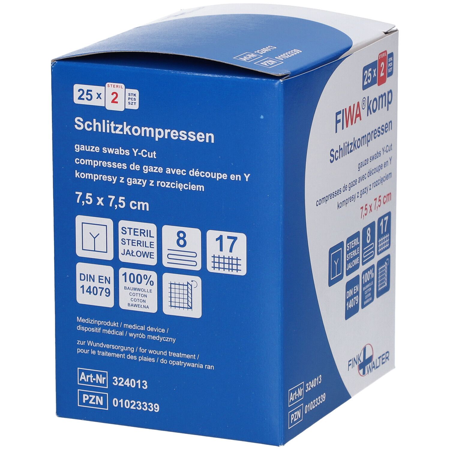 Compresses FIWA komp, 7,5 x 7,5 cm, tampons de gaze stériles. Emballage avec informations et logo.