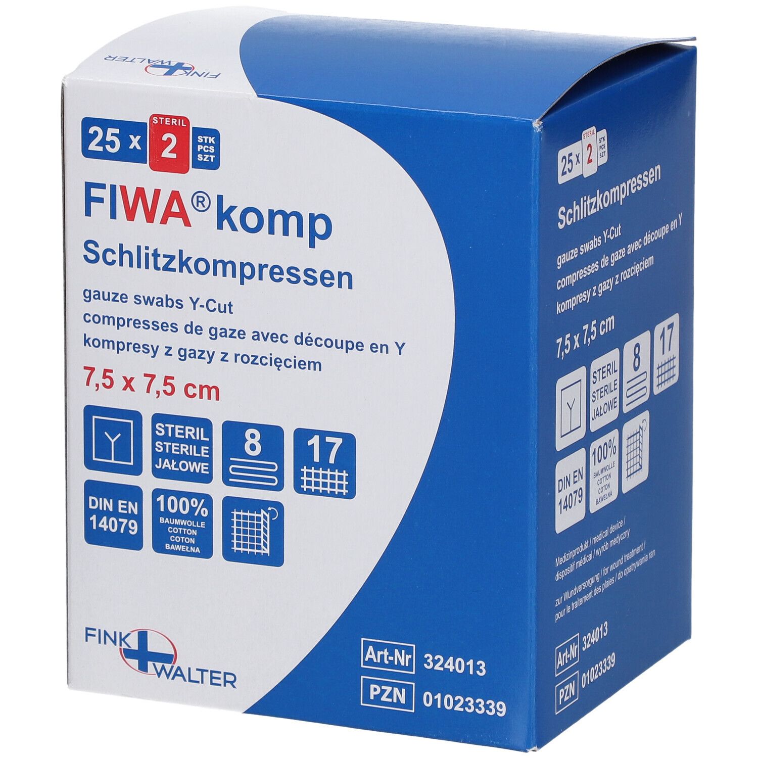Compresses FIWA komp, 7,5 x 7,5 cm, tampons de gaze stériles. Emballage avec informations et logo.