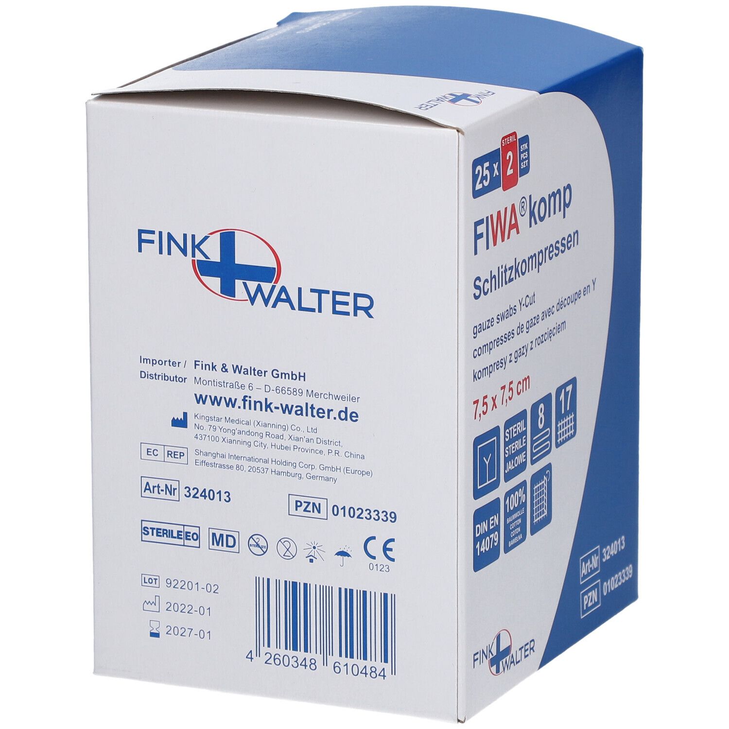 Compresses FIWA komp, 7,5 x 7,5 cm, tampons de gaze stériles. Emballage avec informations et logo.