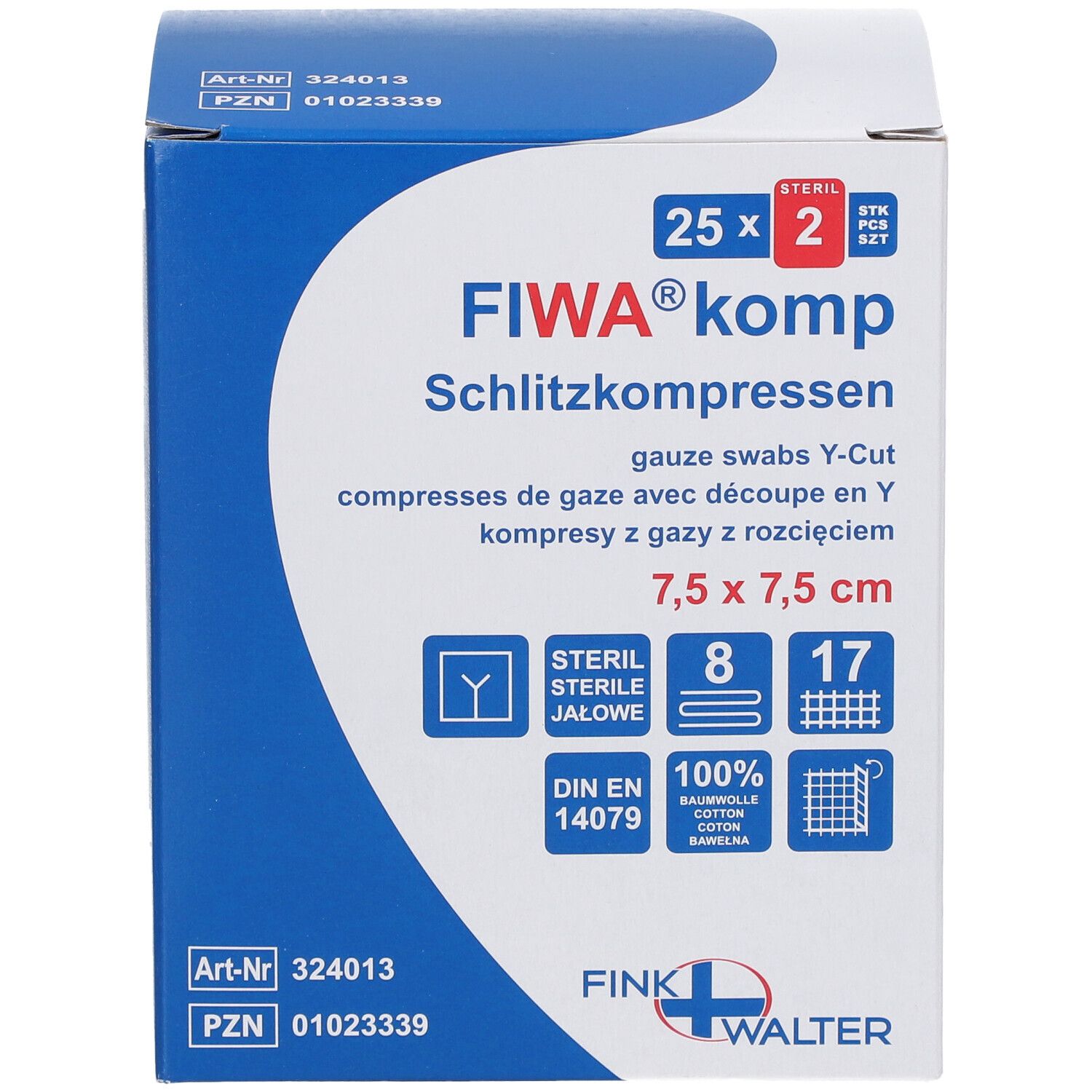 Compresses FIWA komp, 7,5 x 7,5 cm, tampons de gaze stériles. Emballage avec informations et logo.