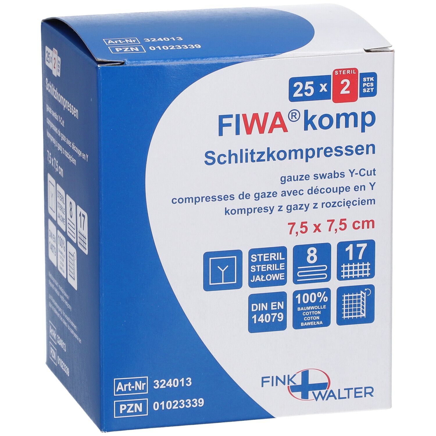 Compresses FIWA komp, 7,5 x 7,5 cm, tampons de gaze stériles. Emballage avec informations et logo.