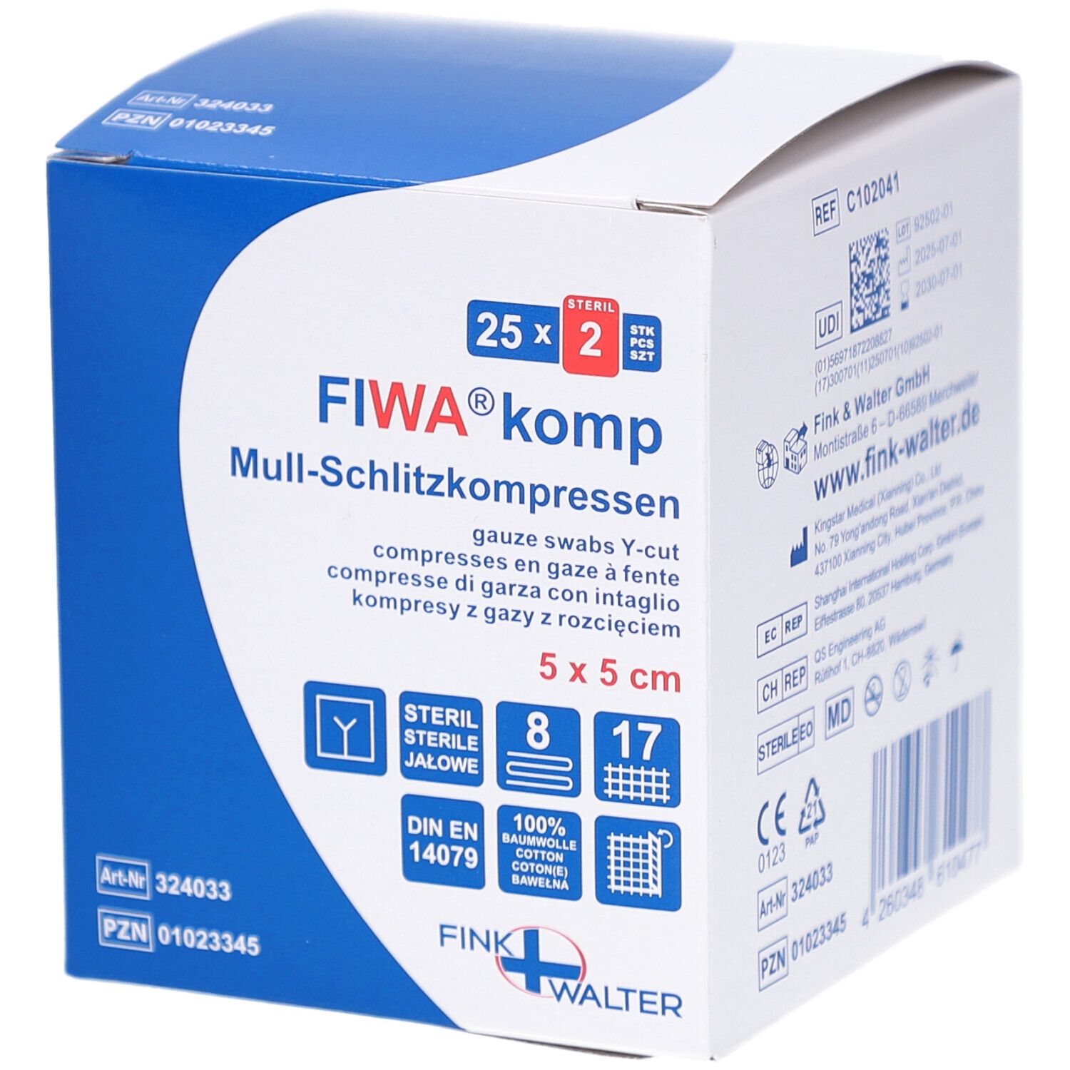 Boîte de compresses fendues FIWA® komp. 5x5 cm, stériles. Boîte bleue et blanche avec informations et logo du produit.
