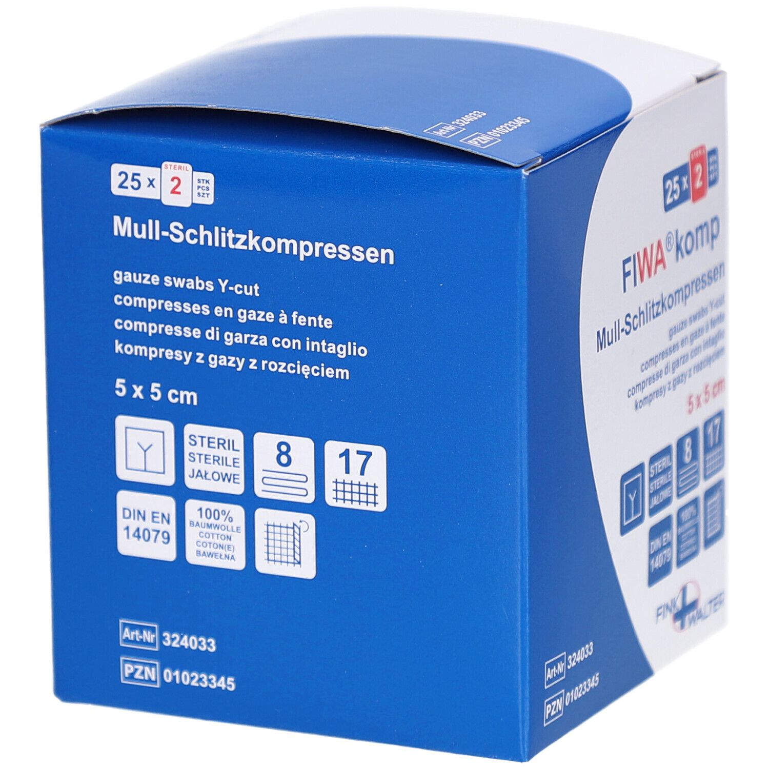 Boîte de compresses fendues FIWA® komp. 5x5 cm, stériles. Boîte bleue et blanche avec informations et logo du produit.