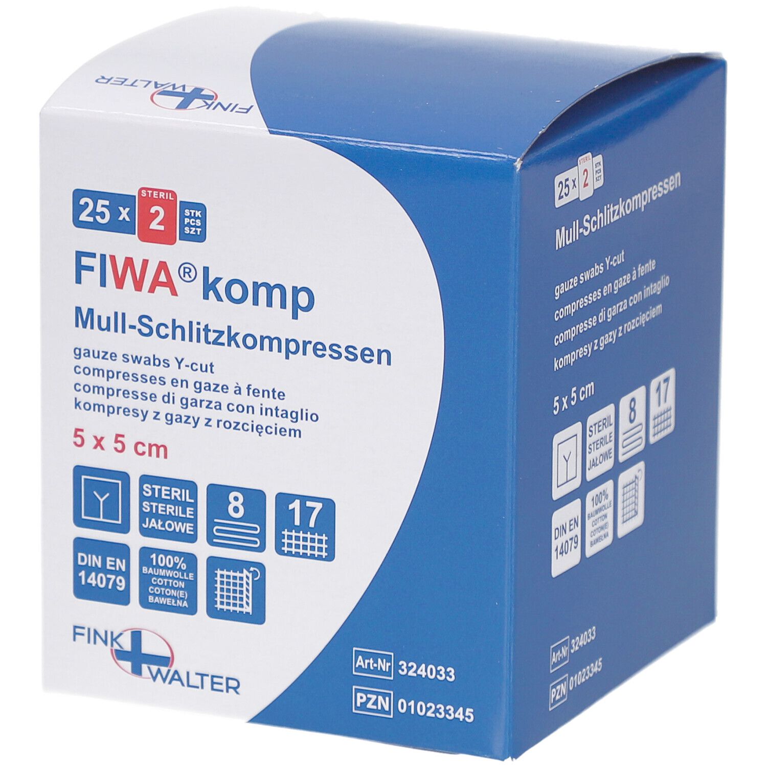 Boîte de compresses fendues FIWA® komp. 5x5 cm, stériles. Boîte bleue et blanche avec informations et logo du produit.