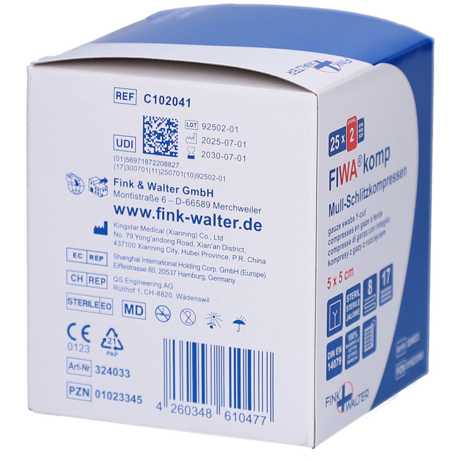 Dos de la boîte de compresses fendues FIWA® komp. 5x5 cm, stériles. Informations, logo et certifications.