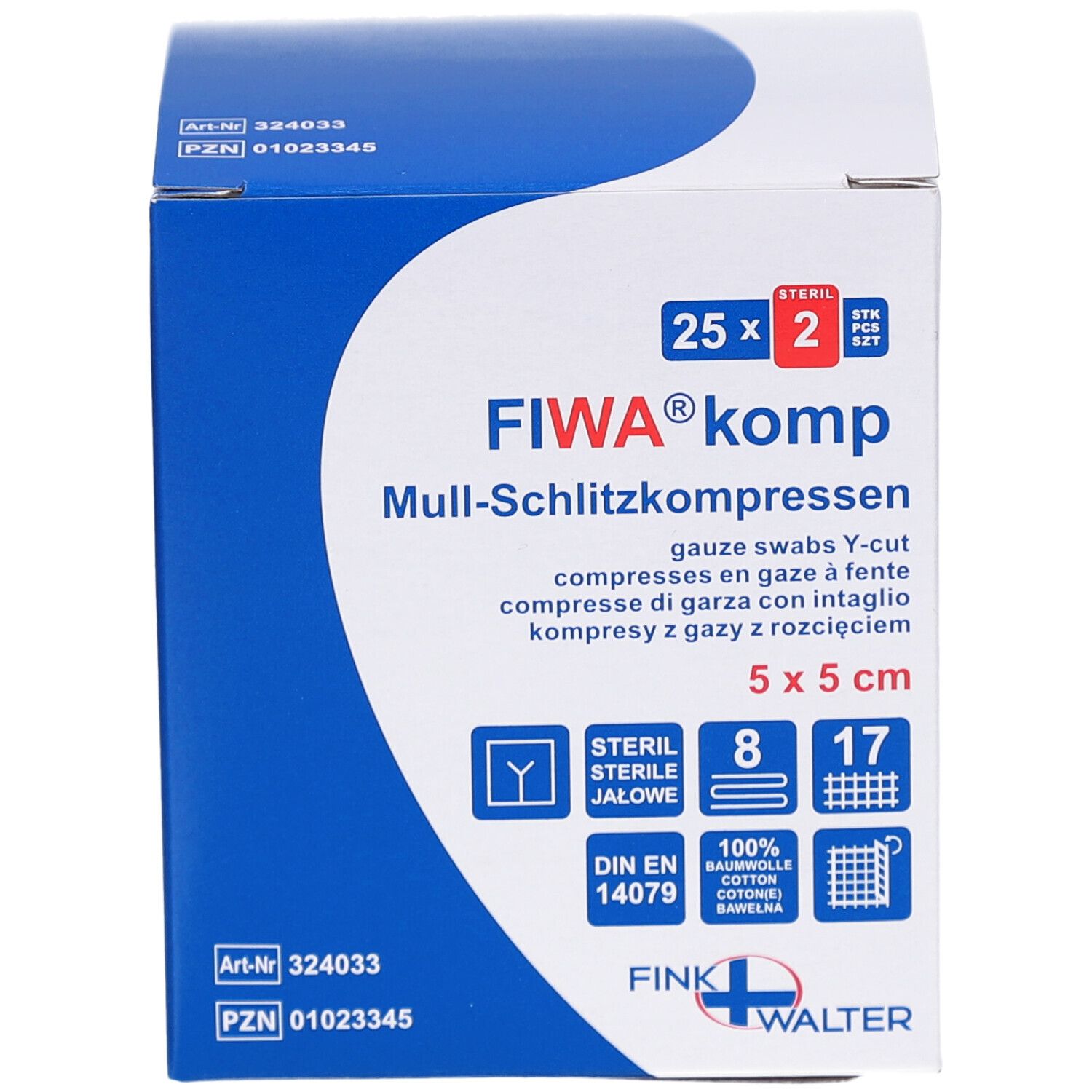 Boîte de compresses fendues FIWA® komp. 5x5 cm, stériles. Boîte bleue et blanche avec informations et logo du produit.