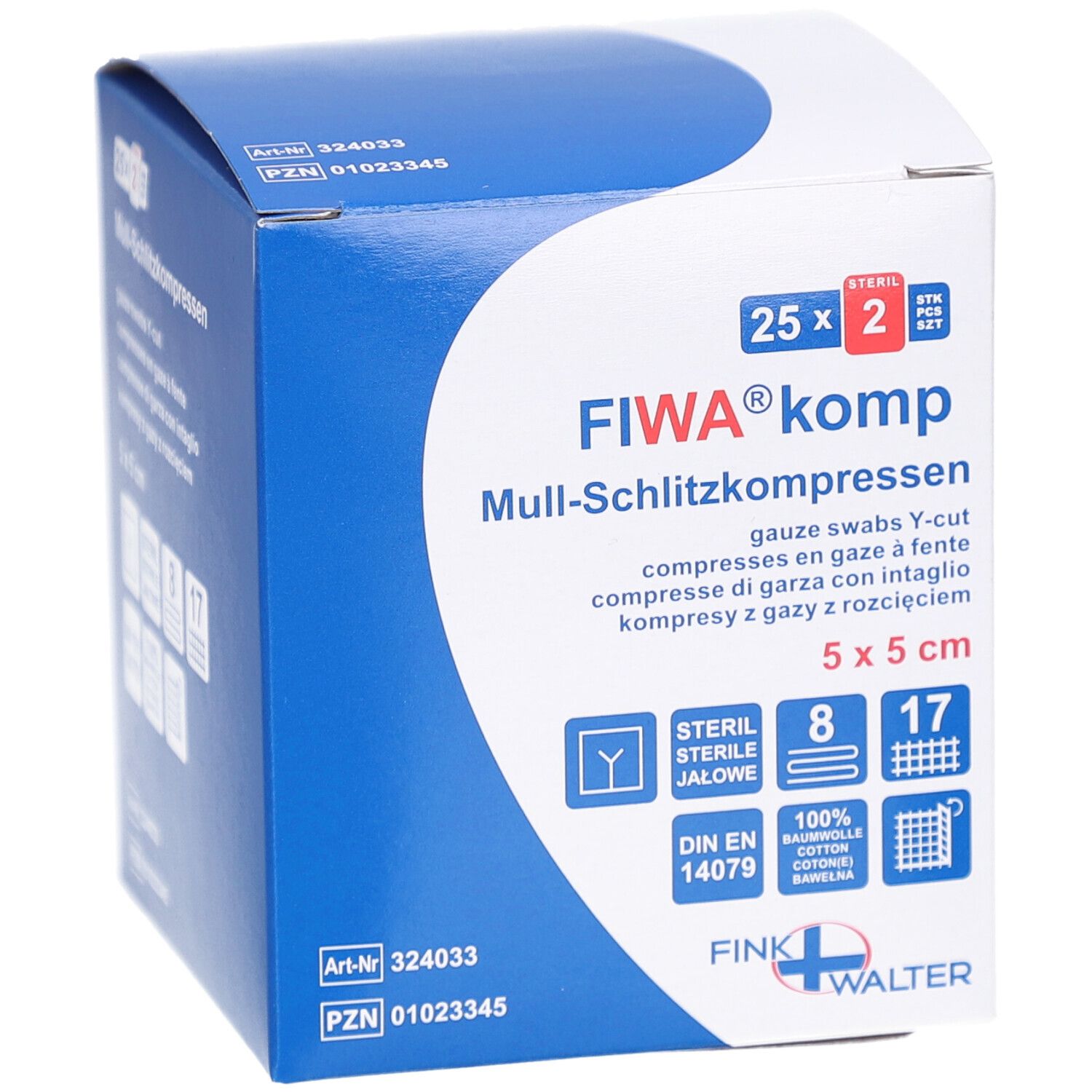 Boîte de compresses fendues FIWA® komp. 5x5 cm, stériles. Boîte bleue et blanche avec informations et logo du produit.