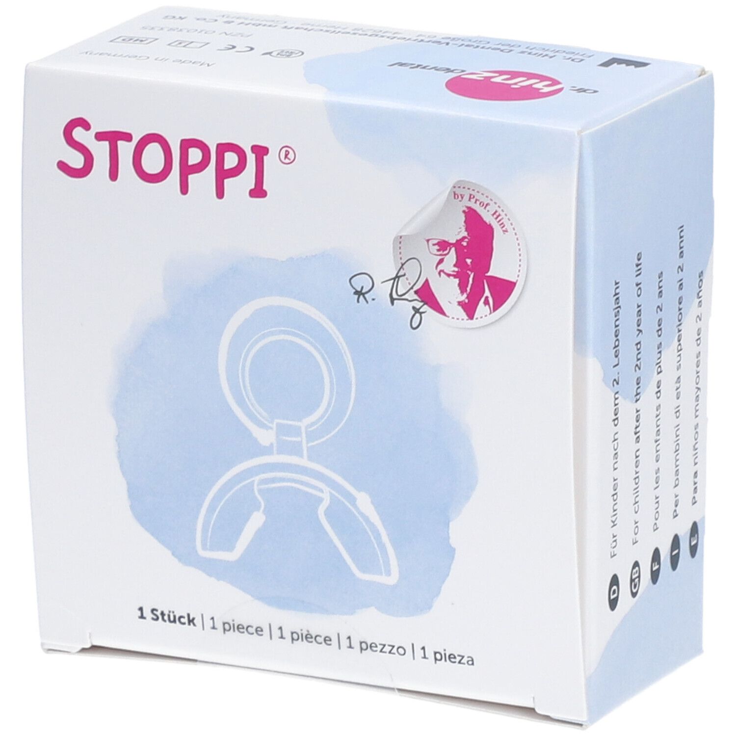 Emballage avec illustration du produit. Inscription STOPPI®. 1 pièce. Pour enfants après 2 ans.