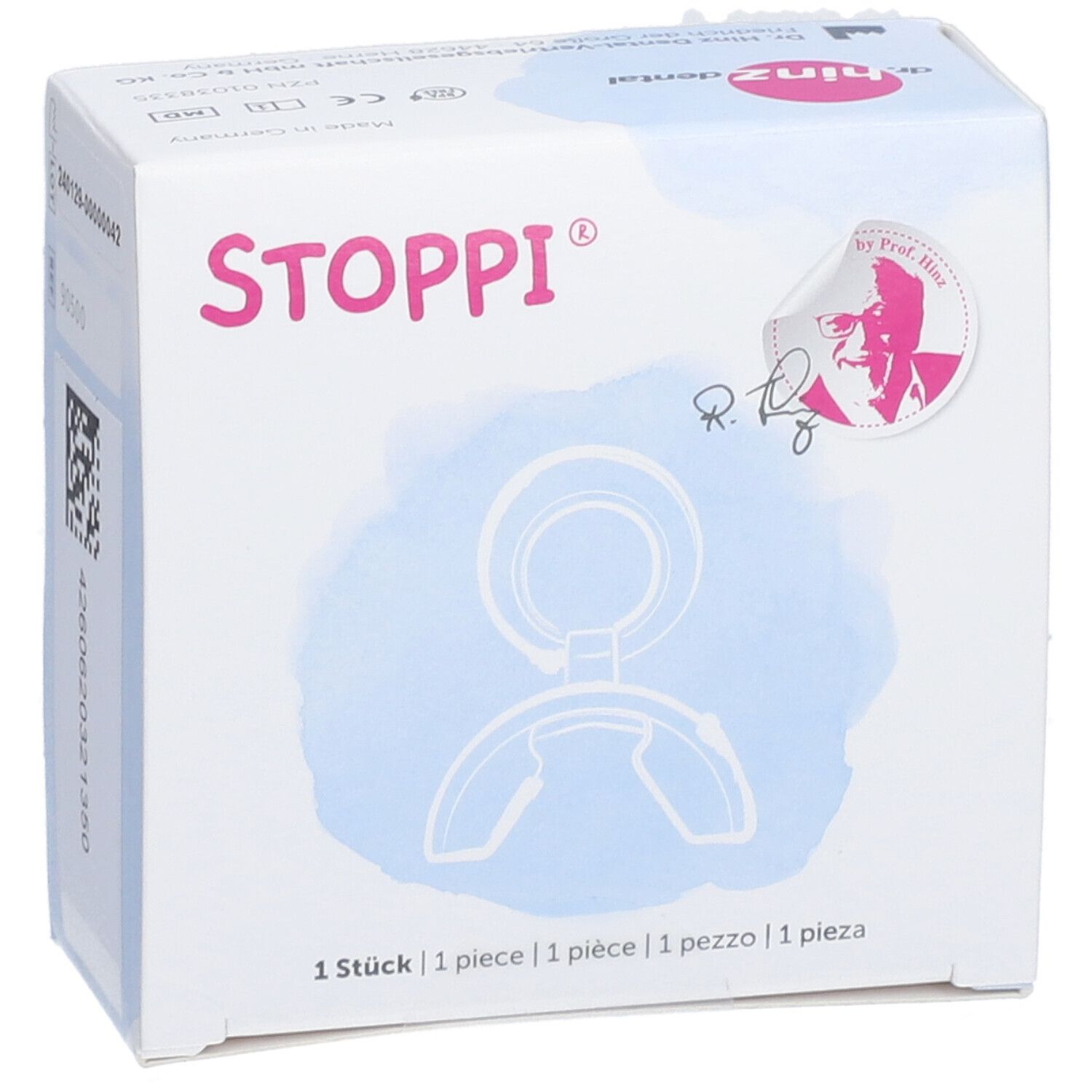 Vue de face de l'emballage. Inscription STOPPI®. Illustration du produit et informations d'utilisation.