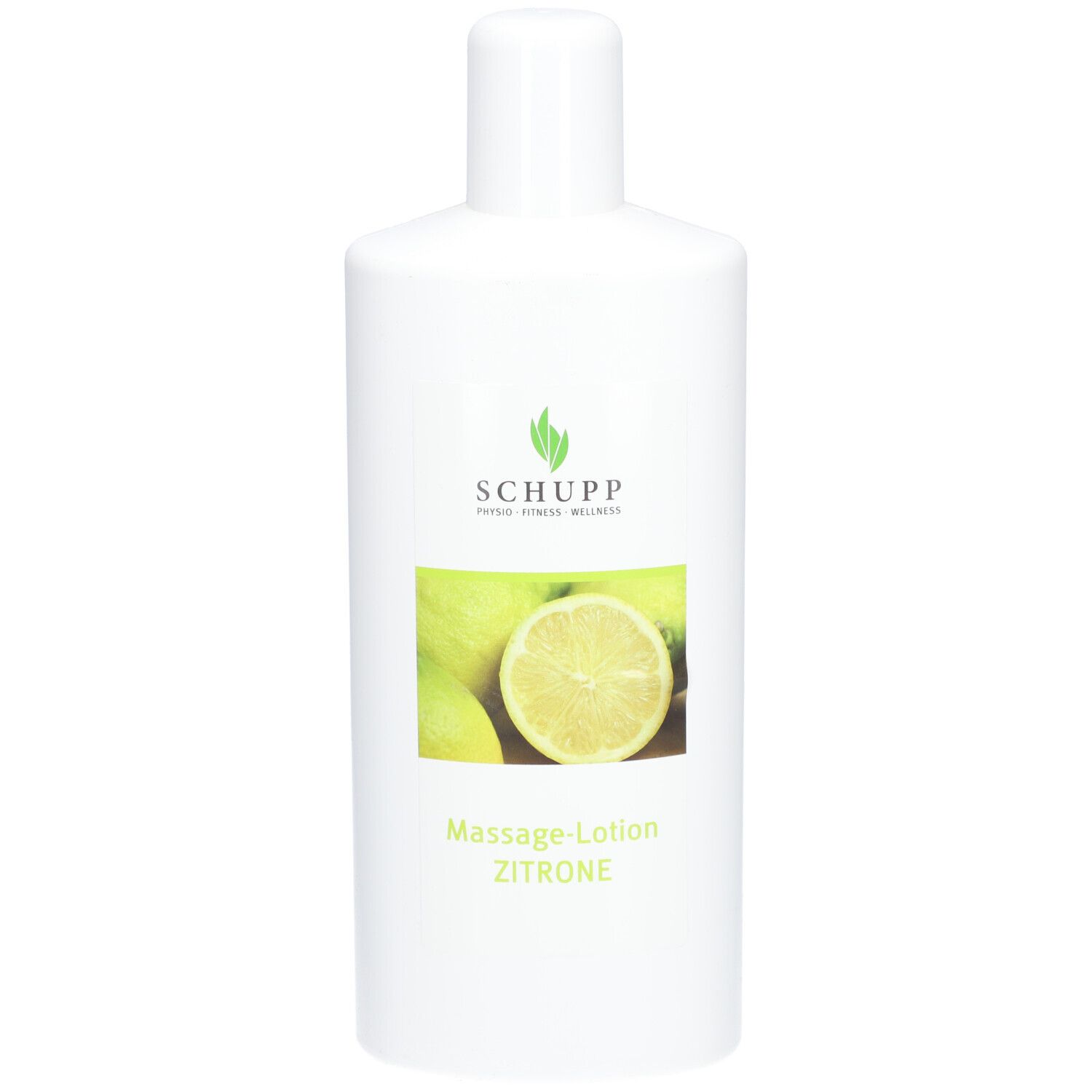 Flacon blanc avec étiquette. Logo et nom du produit: Schupp Massage-Lotion Zitrone. Image de citrons.