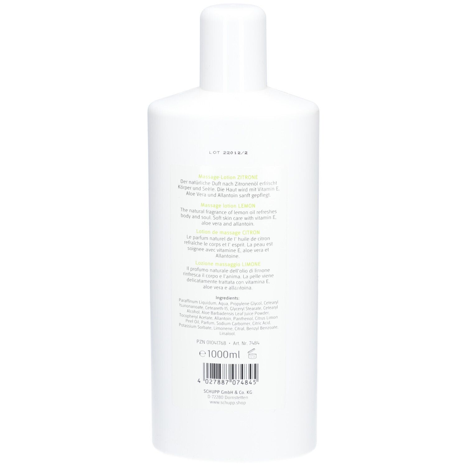 Dos du flacon blanc. Texte en allemand, anglais et français. Liste des ingrédients et indication de volume: 1000ml.