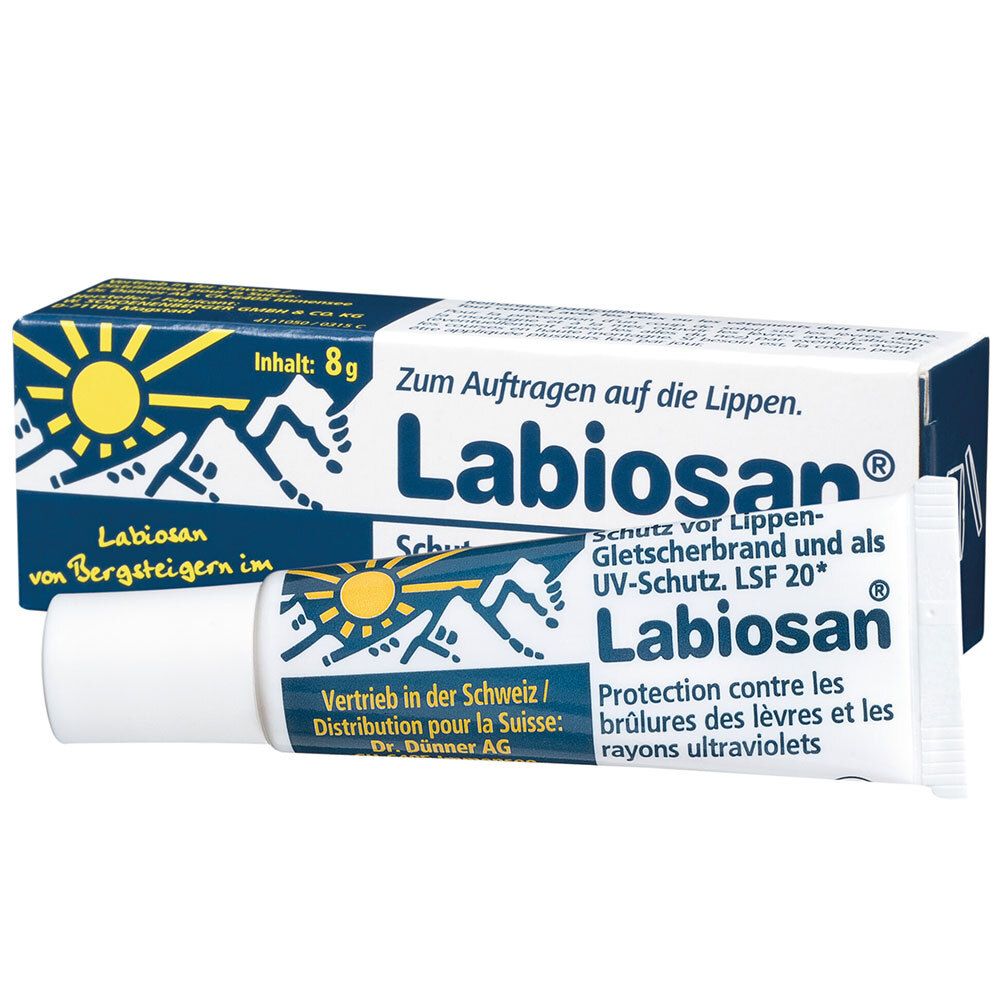 Tube et emballage Labiosan®. Texte bleu, logo jaune. Protection contre les brûlures des lèvres et les rayons ultraviolets. LSF 20.
