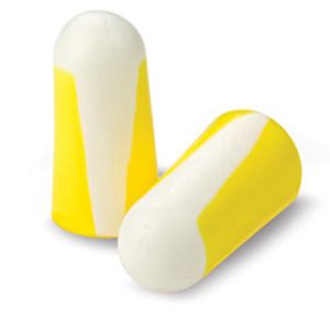 Deux bouchons d'oreille jaunes et blancs. Matériau souple, forme cylindrique avec bout arrondi.