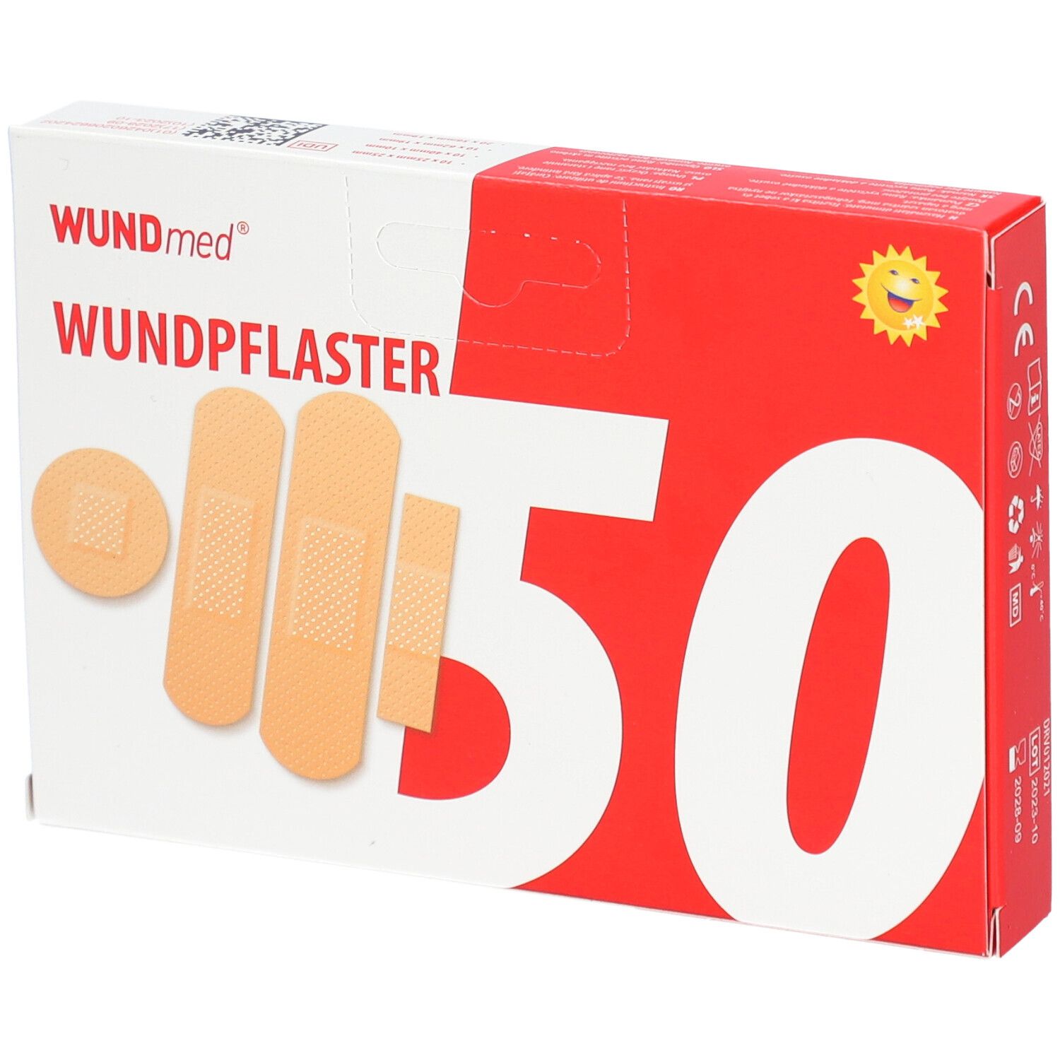 Boîte de pansements WUNDmed, 50 pièces, 4 tailles. Inscription "Wundpflaster".