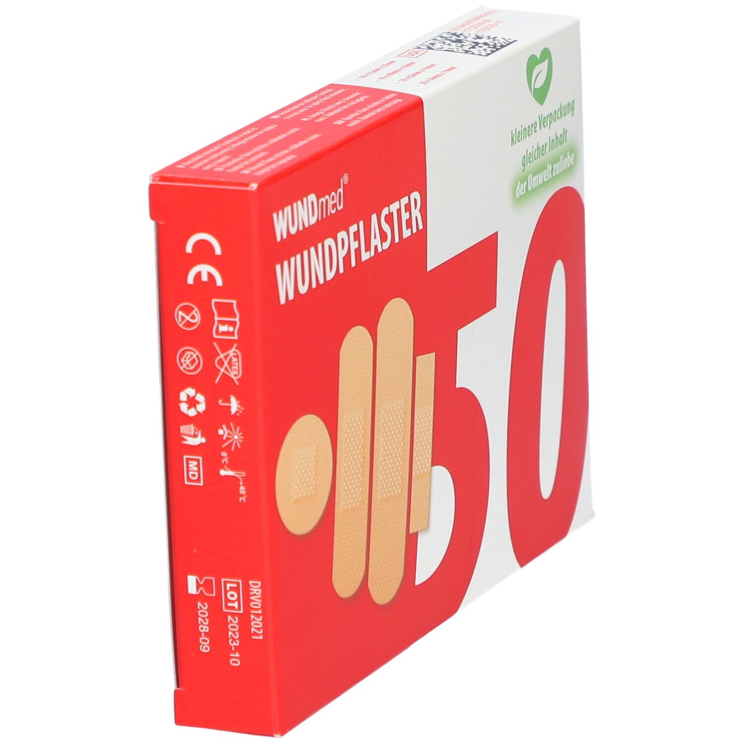 Boîte de pansements adhésifs WUNDmed en biais. 50 pièces. Certification CE.