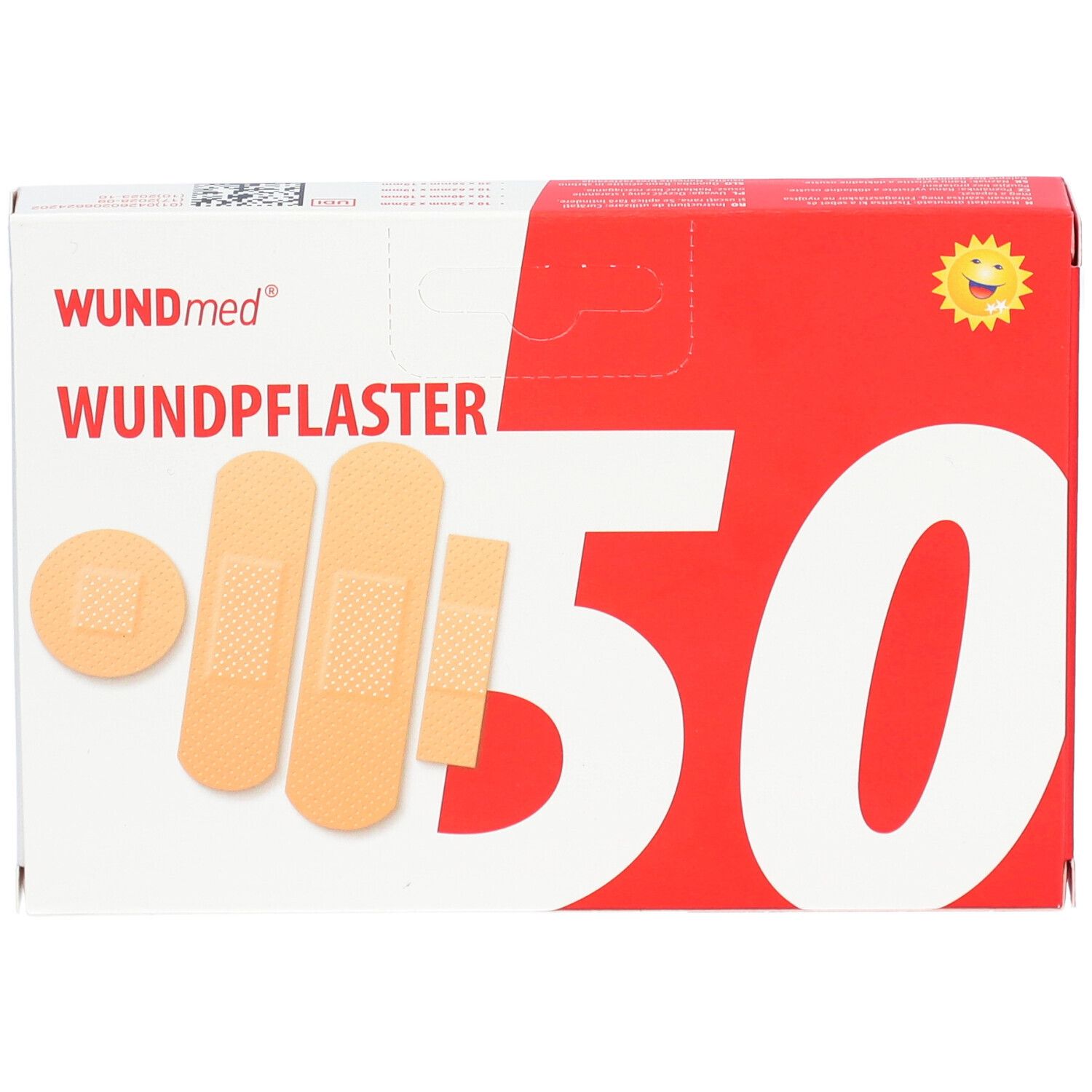 Boîte de pansements WUNDmed, 50 pièces, 4 tailles. Inscription "Wundpflaster".