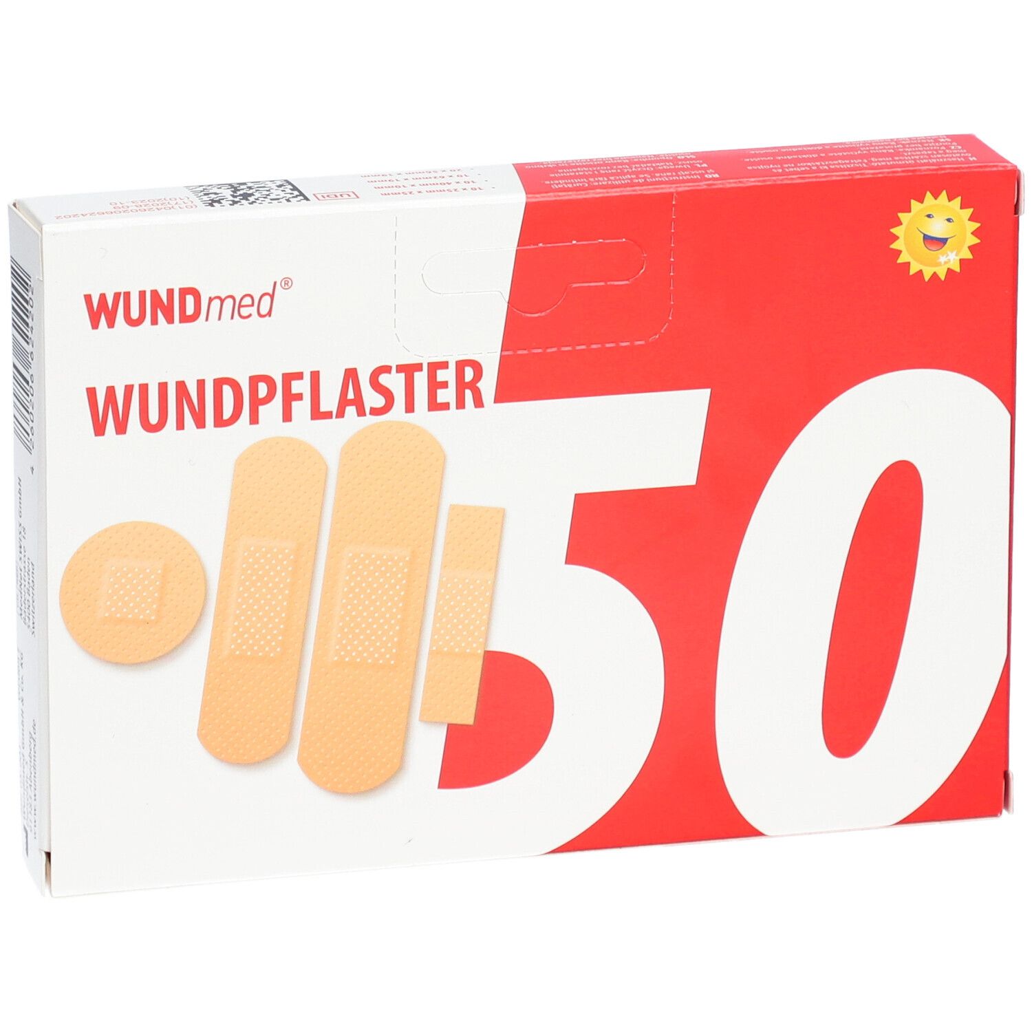 Boîte de pansements WUNDmed, 50 pièces, 4 tailles. Inscription "Wundpflaster".