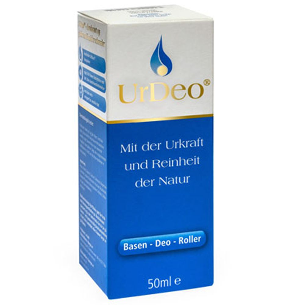 Roll-on UrDeo®. Bouchon blanc, flacon transparent avec bande bleue. Inscription : Basen-Deo-Roller.