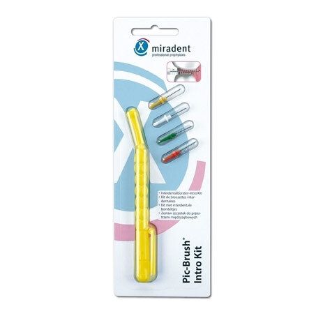 Kit miradent Pic-Brush jaune avec manche et têtes de brosse. Contient des têtes de brosse à code couleur dans un emballage.