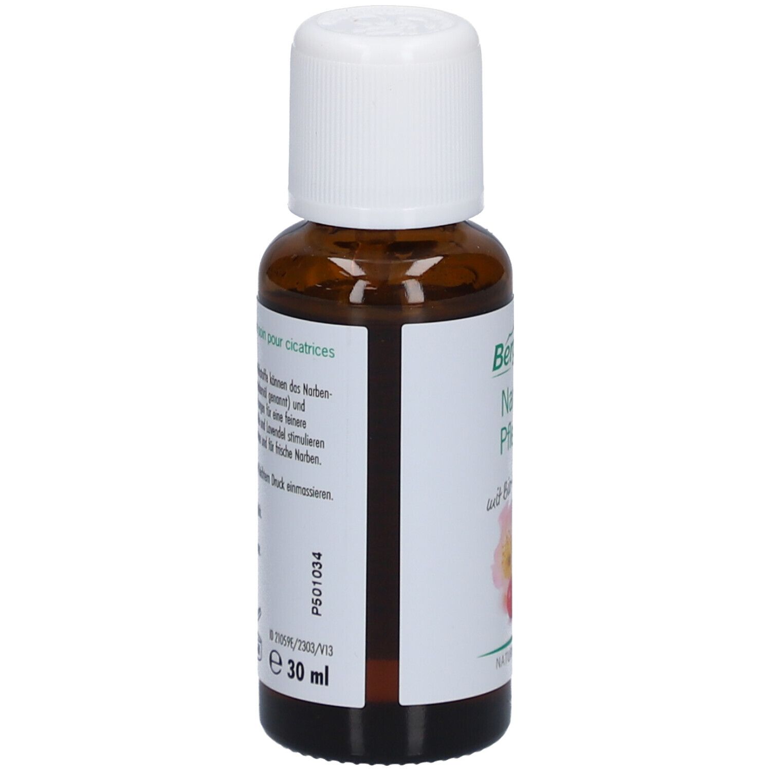 Dos du flacon en verre brun avec bouchon blanc. Texte en plusieurs langues. 30 ml. Cosmétiques naturels.