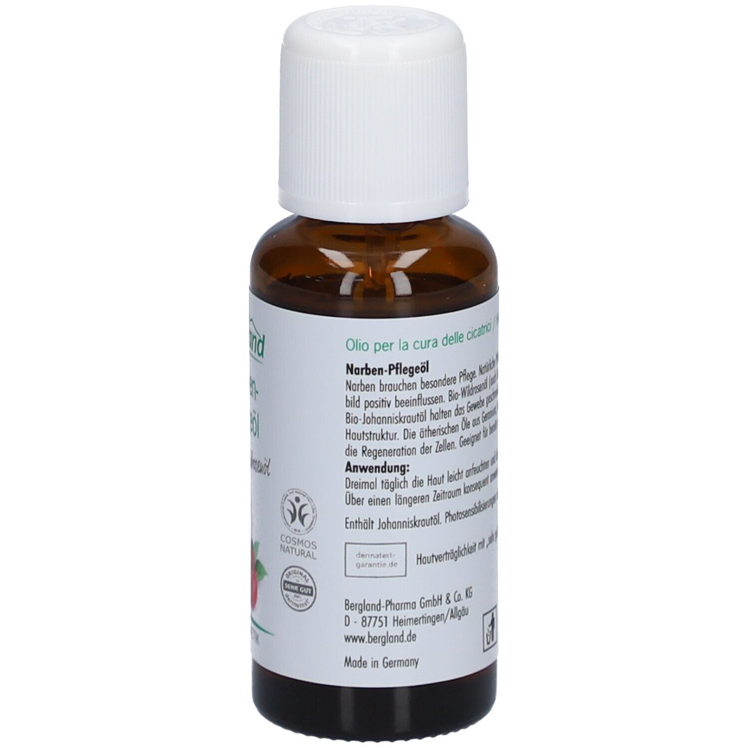 Dos du flacon en verre brun avec bouchon blanc. Texte en plusieurs langues. 30 ml. Cosmétiques naturels.