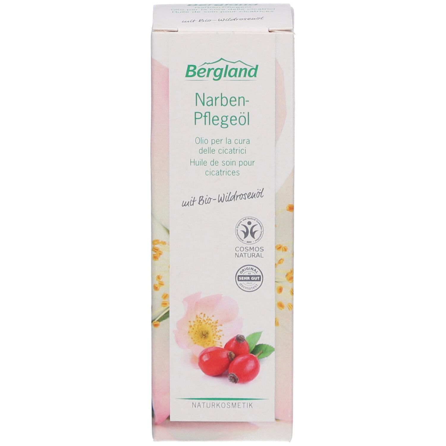 Emballage du produit. Boîte avec nom du produit, logo et illustration d'églantines. Texte multilingue. Cosmétiques naturels.