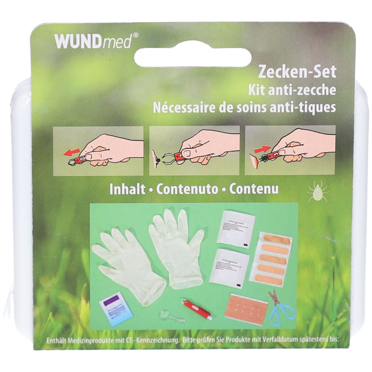 Emballage du kit anti-tiques WUNDmed. Illustrations d'utilisation. Contenu: gants, lingettes, pansements, pince, ciseaux et loupe.