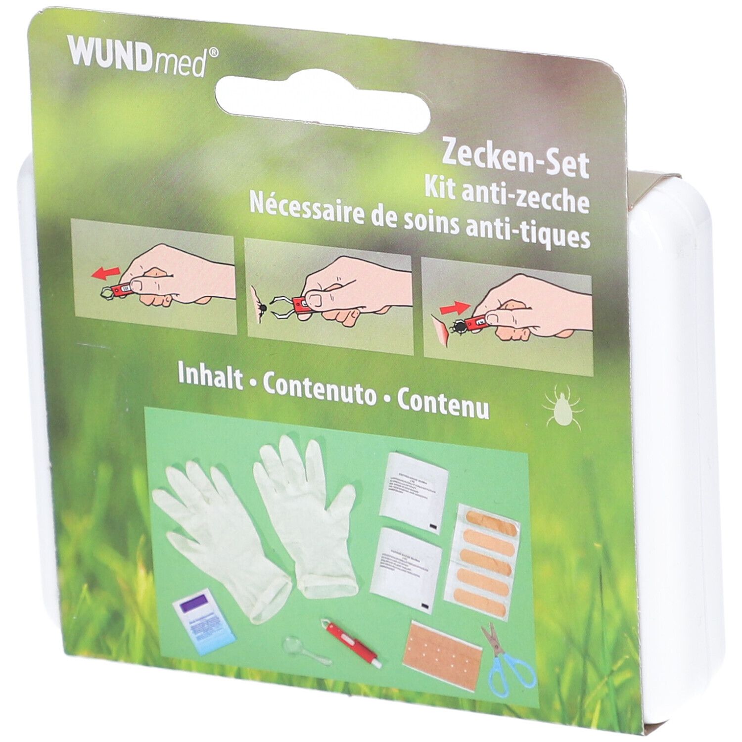 Emballage du kit anti-tiques WUNDmed. Illustrations d'utilisation. Contenu: gants, lingettes, pansements, pince, ciseaux et loupe.