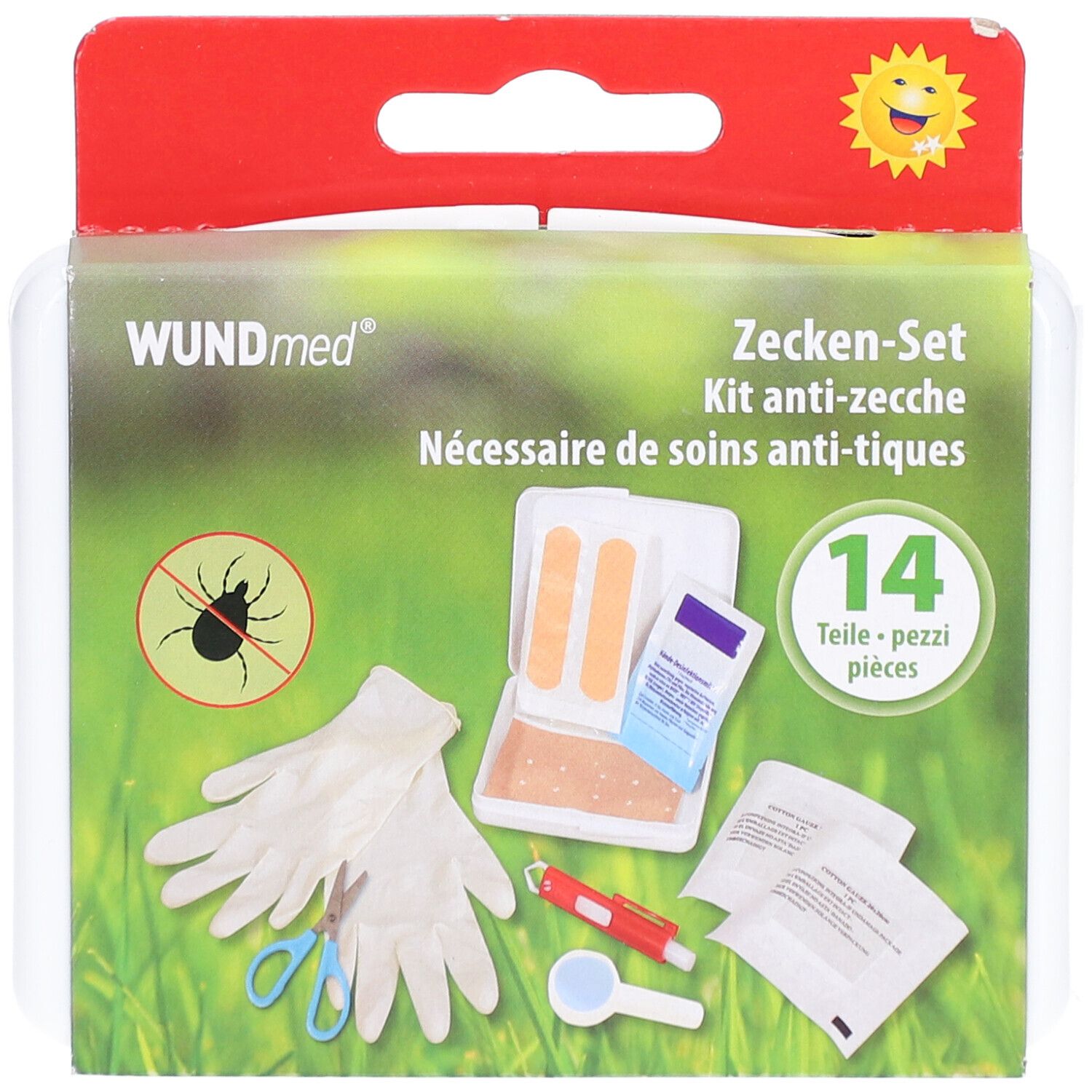 Kit anti-tiques WUNDmed, 14 pièces. Gants, pince, loupe, pansements, lingettes et ciseaux. Emballage avec logo soleil.