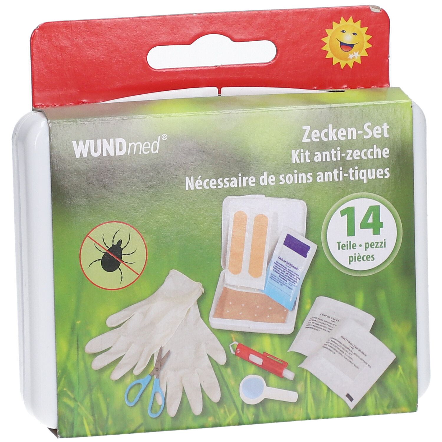 Kit anti-tiques WUNDmed, 14 pièces. Gants, pince, loupe, pansements, lingettes et ciseaux. Emballage avec logo soleil.