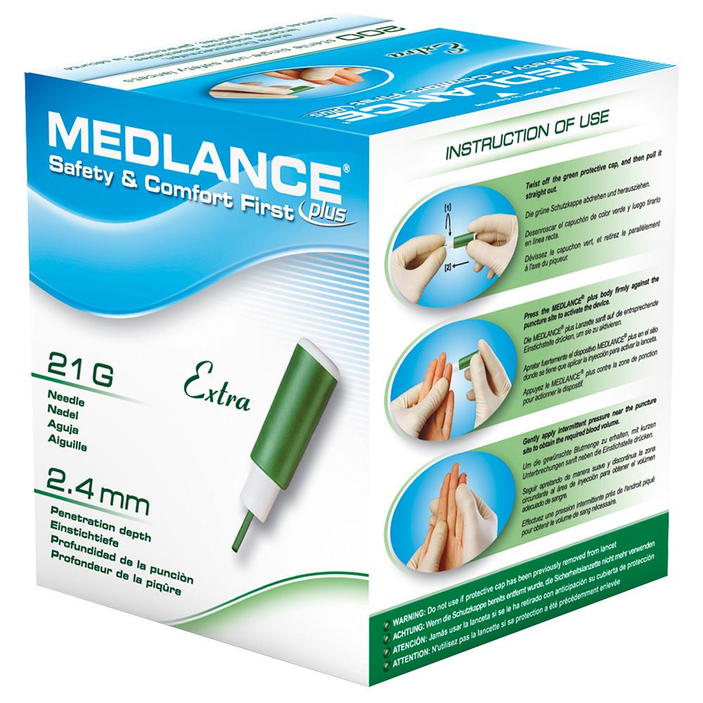 Boîte de MEDLANCE® plus Extra. Contient une lancette verte et des instructions d'utilisation.
